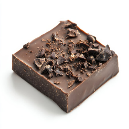 A piece of dark chocolate with cocoa nibs, isolated on a white background, highlighting richness and indulgenceの素材