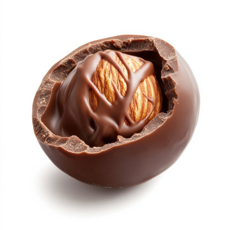 A chocolate candy with a crunchy almond cluster inside, coated in rich milk chocolate with a smooth, glossy finish, isolated on a white backgroundの素材