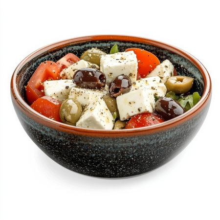 A traditional Greek salad with feta, olives, and tomatoes, isolated on a white background, highlighting its fresh and savory tasteの素材