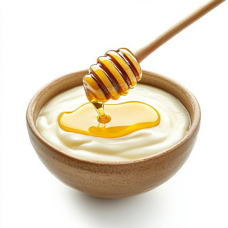 A bowl of vanilla yogurt with honey drizzle, isolated on a white background, showcasing a healthy and creamy snackの素材