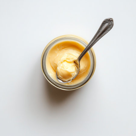 A small pot of thick crÃÂ¨me fraÃÂ®che with a spoon, isolated on a white background, highlighting a smooth, glossy textureの素材