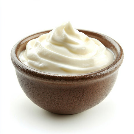 A bowl of Greek yogurt with a smooth, thick consistency and a glossy surface, isolated on a white background for a fresh and wholesome lookの素材