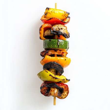 A freshly grilled veggie kebab with bell peppers, mushrooms, and zucchini, isolated on a white background, showing health and flavorの素材