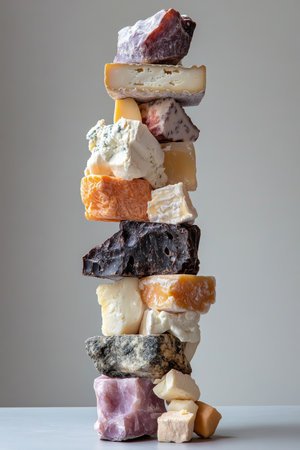 A tall, artful stack of different cheeses with unique textures and colors, including creamy, aged, and crumbly varieties, set against a minimalist gray backgroundの素材