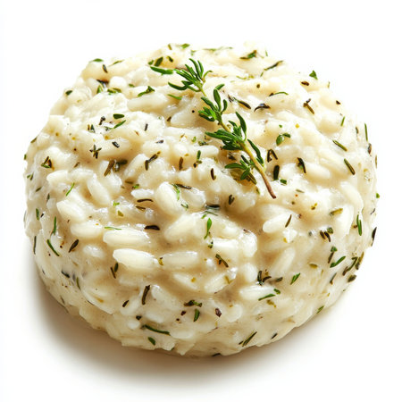 A serving of creamy risotto topped with herbs, isolated on a white background, showing casing elegance and flavorの素材