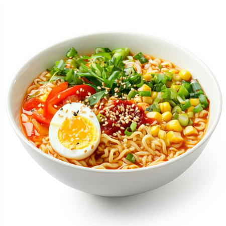 A bowl of spicy ramen topped with vegetables and soft-boiled egg, isolated on a white background, showing its warmth and flavorの素材