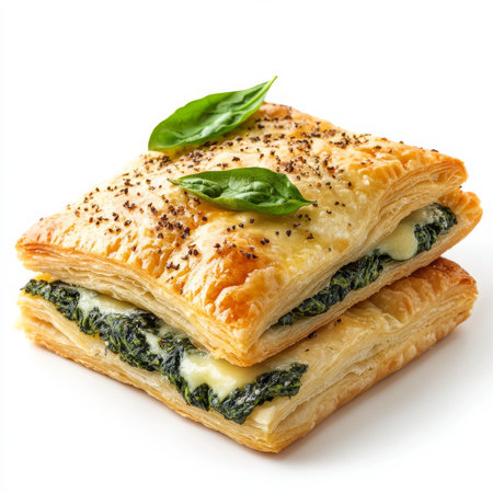 A savory puff pastry with spinach and cheese filling, isolated on a white background, showcasing buttery layersの素材