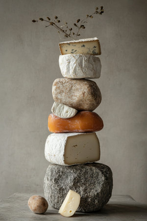 Assorted cheeses piled in a tower, featuring contrasting textures and hues from soft to hard cheeses, placed against a simple gray background for a rustic lookの素材