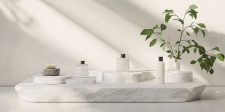 White stone platform with a layered design and matte finish, designed for showcasing multiple products with a sophisticated lookの素材