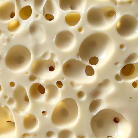 Seamless cheese texture pattern featuring a close-up view of creamy, smooth surface with natural holes, perfect for a food-inspired backdropの素材