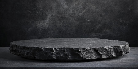 Round black stone podium with textured surface, ideal for product placement, set in a dramatic, dark settingの素材