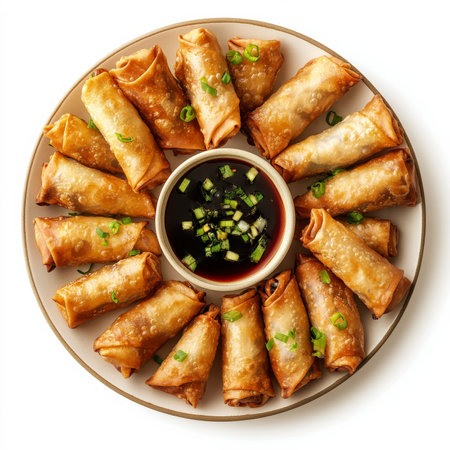 A plate of crispy spring rolls with a dipping sauce, isolated on a white background, showing a delicious Asian appetizerの素材