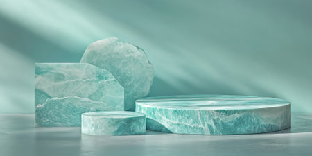 Turquoise stone podium with subtle white patterns and glossy finish, perfect for luxury product presentationsの素材