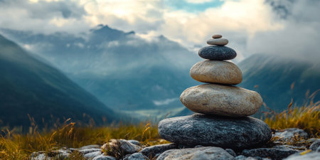 Simple stone pedestal set in a natural mountain setting with cloudy skies, creating a peaceful display for beauty and skincare productsの素材