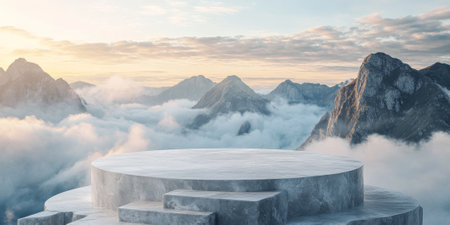 Elegant stone podium set against a gentle cloudscape with towering mountains, a natural, serene background for showcasing beauty productsの素材