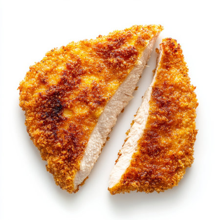 A perfectly cooked homemade chicken schnitzel with a crispy breadcrumb coating and golden-brown color, isolated on a white background, showing the juicy interiorの素材
