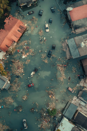 High-angle view of residential neighborhood flooded after a tropical storm, with homes, cars, and streets under water, surrounded by scattered debrisの素材