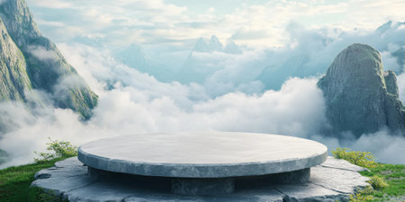 Outdoor stone podium surrounded by soft, floating clouds and majestic mountains, perfect for presenting beauty and cosmetics in a natural styleの素材