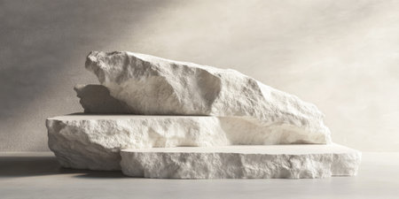 Layered white stone podium with a rugged, natural look and soft light, highlighting product sophisticationの素材