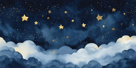 Dreamy seamless watercolor night sky with delicate gold foil stars, constellations, and misty clouds in shades of dark indigoの素材