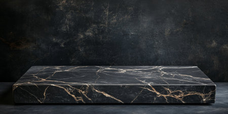 Elegant black stone podium with natural stone veins, set against a dark gradient background, ideal for luxury product displayの素材