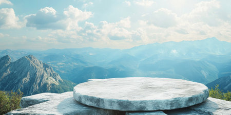 Elegant stone podium on mountain landscape, soft clouds, and open sky, creating a peaceful natural display for beauty and cosmeticsの素材