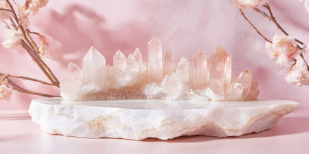 White quartz podium with light pink hues and crystal accents, perfect for delicate or beauty product displayの素材