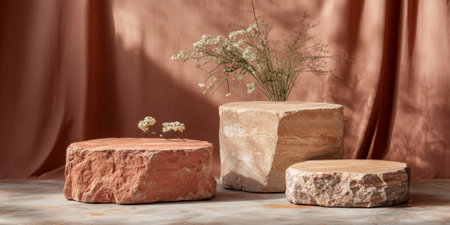 Matte terracotta stone podium with subtle natural textures, designed for organic or rustic product displayの素材