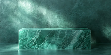 Jade green podium with rich stone veins and glossy finish, illuminated with subtle lighting for luxury product displayの素材