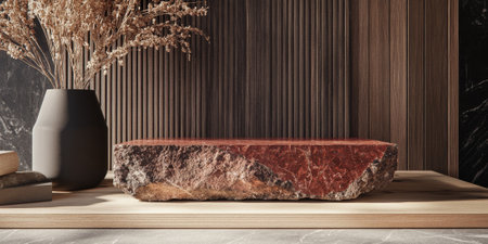 Red jasper-inspired podium with rugged texture, ideal for displaying natural or artisanal productsの素材
