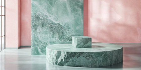 Seafoam green stone podium with organic veining and glossy surface, set in a minimalist studio for product displayの素材