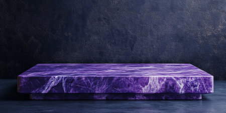 Luxurious purple stone podium with glossy marbling and polished edges, set against a dark background for product displayの素材