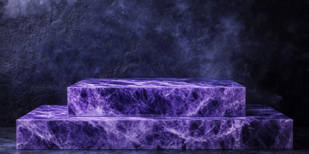 Luxurious purple stone podium with glossy marbling and polished edges, set against a dark background for product displayの素材