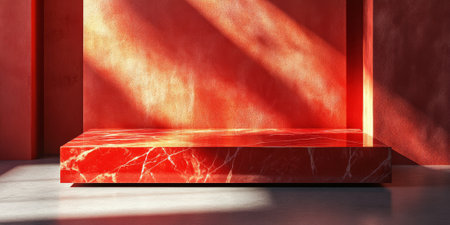 A vibrant red stone podium for product display, with a glossy finish and natural stone veins, set in a soft-lit studioの素材