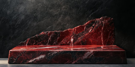 Glossy red stone podium with natural black and white veins, highlighted by focused lightingの素材