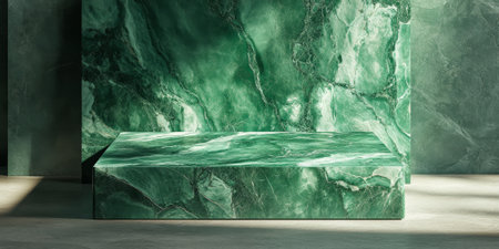Emerald green podium with a smooth, glossy surface and organic veining, highlighted by ambient lightの素材