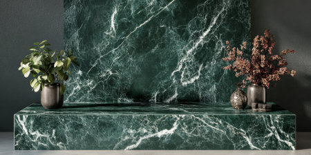 Dark green marble podium with white veining and a glossy surface, creating an elegant display spaceの素材
