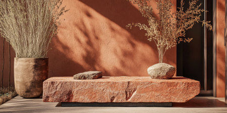 Matte terracotta stone podium with subtle natural textures, designed for organic or rustic product displayの素材