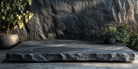 Large black stone podium with a matte finish, featuring unique stone patterns, ideal for product display with a modern vibeの素材