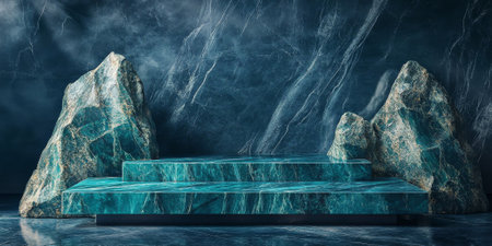 Deep teal stone podium with a glossy finish and natural patterns, illuminated with soft, ambient lightingの素材