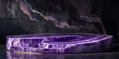 Violet stone podium with polished surface and natural patterns, set against a dark backdrop for luxury displayの素材