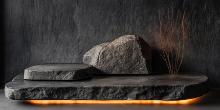 Black stone podium with organic, rugged surface, perfect for natural or artisanal product display, highlighted with warm lightingの素材