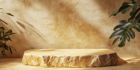 Yellow sandstone podium with a textured surface, ideal for showing casing products in a warm and earthy settingの素材