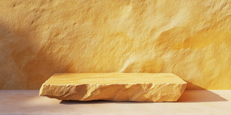 Yellow sandstone podium with a textured surface, ideal for showing casing products in a warm and earthy settingの素材