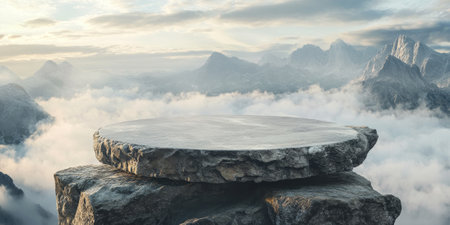 Simple stone podium in the mountains with drifting clouds, creating an elegant, natural display space for cosmeticsの素材