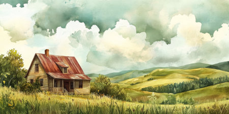 Hand painted watercolor of a rustic farmhouse with rolling hills and a cloudy sky in the backgroundの素材