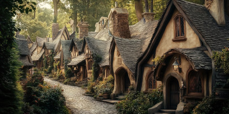 A magical village with quaint houses and cobblestone streets, where time moves gently and dreams come aliveの素材