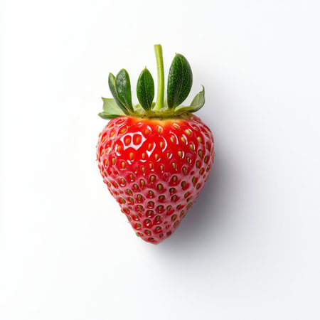 A fresh strawberry with a green stem, isolated on a white background, showing its bright red color and juicy textureの素材