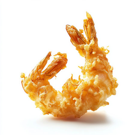 A golden-brown tempura shrimp, isolated on a white background, showing its crispy batter and fresh seafood appealの素材