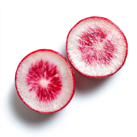 A fresh radish cut in half, isolated on a white background, emphasizing its vibrant red color and crisp textureの素材